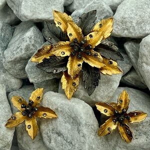 Vintage Joan Rivers Signed Cactus Bloom Flower Brooch & Earrings Rhinestone Set